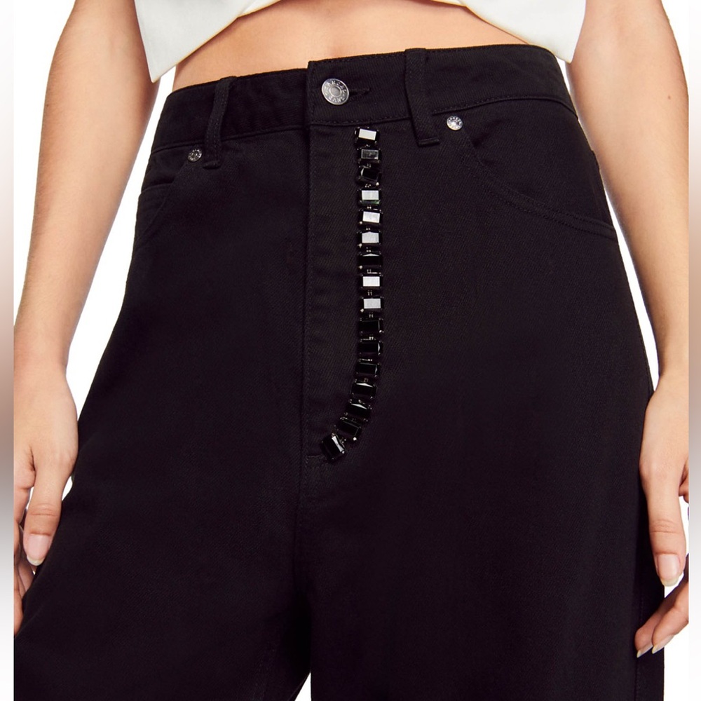 NWT Sandro Cristelle High Rise Wide Leg Black Jeans Embellished w Black Crystals